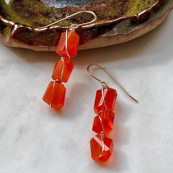 Gold Filled Rough Cut Carnelian Drop Earrings - Picture 4 of 4